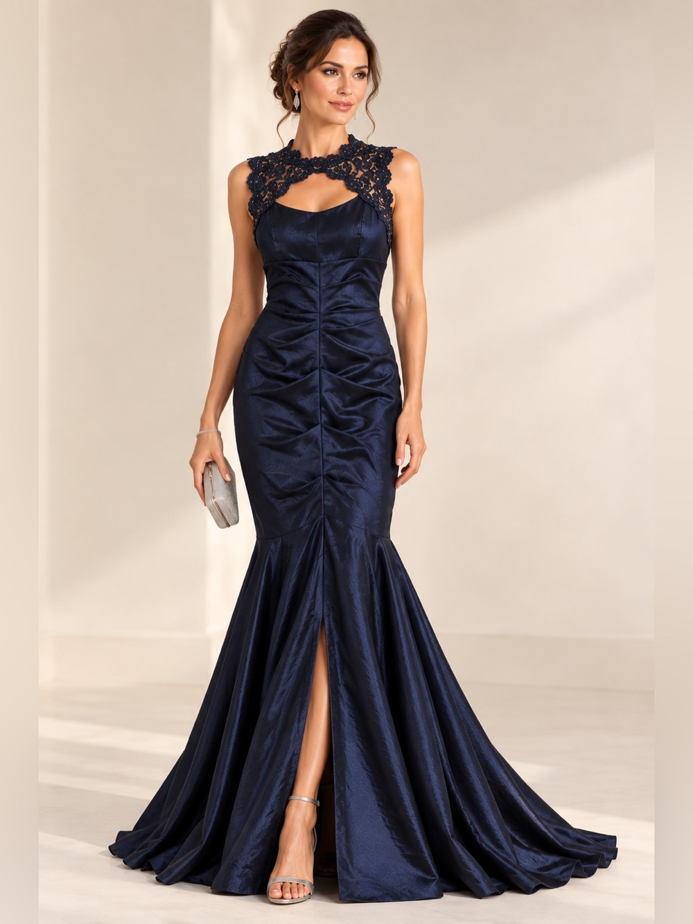 Xscape Navy Lace Yoke Mermaid Gown with Front Slit